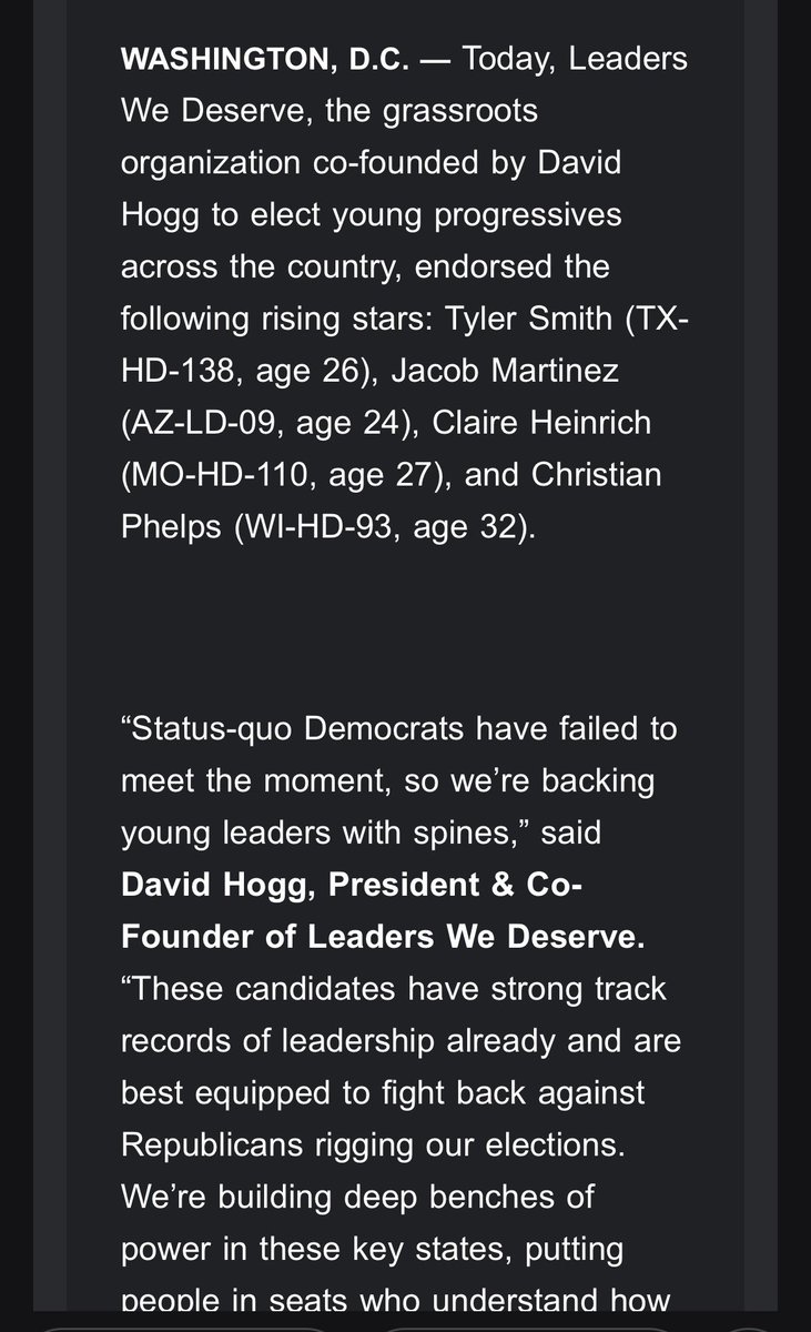 bradj_TX's tweet photo. Inbox: David Hogg’s Leaders We Deserve PAC endorses @tylerfortexas in #HD138. #txlege https://t.co/lNPqLtTy4Z