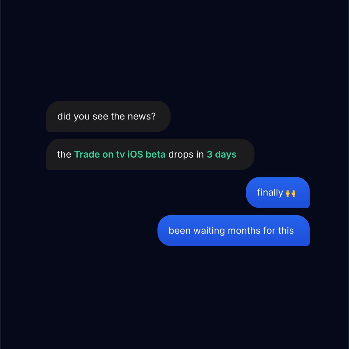 Tradeontv's tweet photo. 3 days until the iOS beta.

Trade on tv is coming to mobile - with watchlists, AI, market news, portfolio tracking and multi-screen charts in your pocket.

The countdown is on.

#Tradeontv #iOSBeta #TradingApp #MarketNews #Investing #Crypto #Stocks https://t.co/oZherekHec