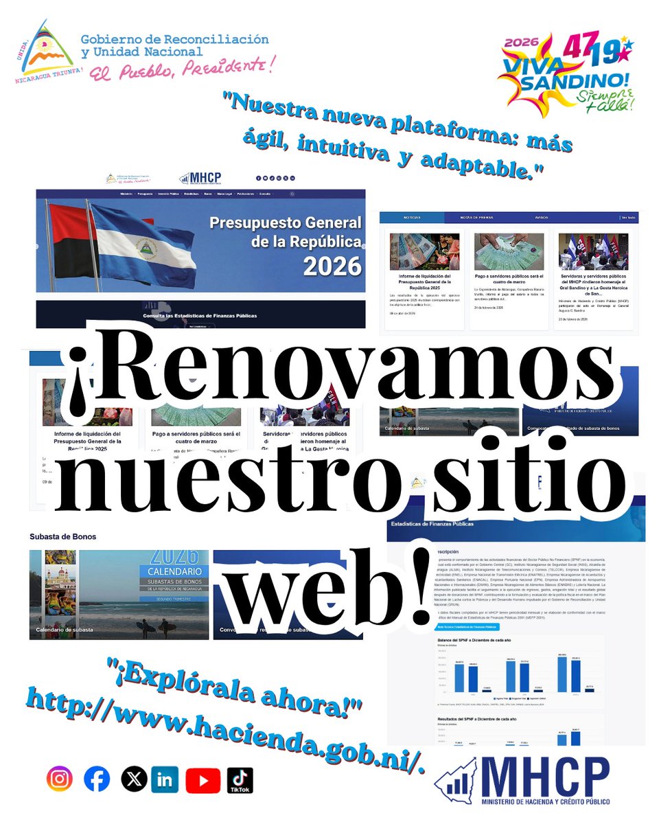 MHCP_NIC's tweet photo. Ministerio de Hacienda y Crédito Público actualizó su portal web este 18 de mayo de 2026 en saludo al 131 aniversario del natalicio de nuestro General de Hombres y Mujeres Libres, Augusto C. Sandino. 
Te invitamos a explorarlo.
https://t.co/OoajbTWmtl https://t.co/rolUWdFbw5