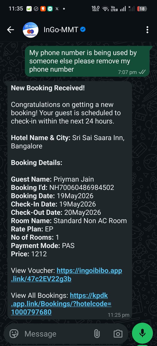 efoxtec's tweet photo. @makemytrip there has been three bookings made where someone has used my phone number I have not made these bookings please remove my contact number from your website https://t.co/umUeUqHLU4