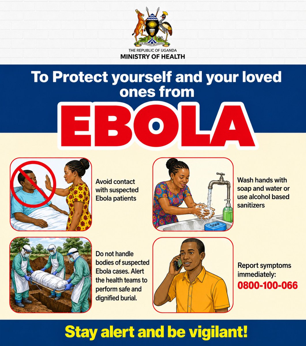 RICEWestNile's tweet photo. 🛑 Don’t fear reporting Ebola, fear the spread caused by silence.

If you suspect a case, seek help immediately and alert health authorities. Early reporting helps contain outbreaks and protect communities. 🌍❤️

📞 Toll-Free Hotline: 0800 100 066

📩 Free SMS Alert: 6767
Your action today can save many lives tomorrow. 🛡️🦠

#EbolaAwareness #StopTheSpread #StaySafe