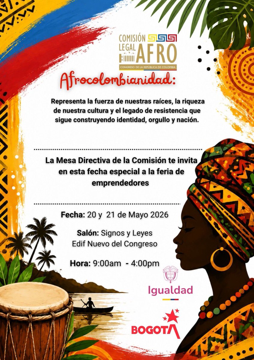 AfroComision's tweet photo. 🌍✨ En el marco del Mes de la Afrocolombianidad, la Comisión Legal Afro te invita a conmemorar nuestras raíces, la memoria y el legado que sigue construyendo identidad, orgullo y nación. https://t.co/d73GippvJN