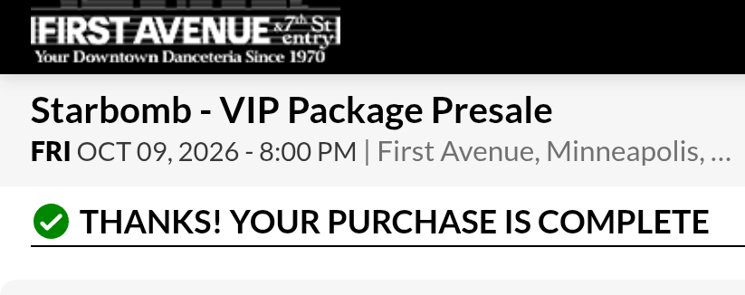 PizzazzMusic's tweet photo. I GOT VIP TICKETS TO STARBOMB IN OCTOBER, BABY https://t.co/P5zm2R7OMJ