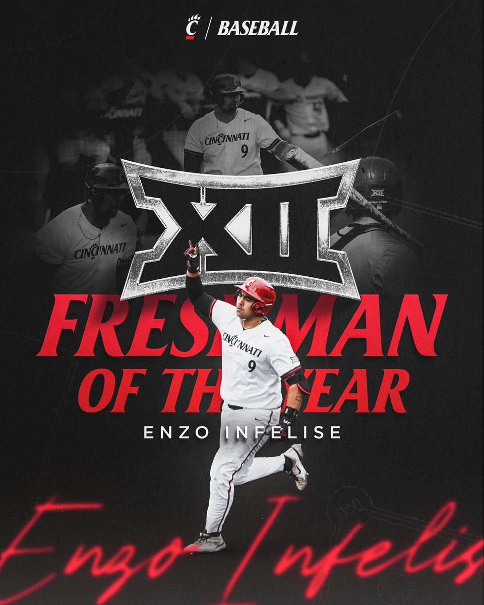 GoBearcatsBASE's tweet photo. Unanimous vote for the All-Freshman Team too ✔️

Enzo stands alone in the Big 12!

#Bearcats | #TenGames https://t.co/olbtG81aws