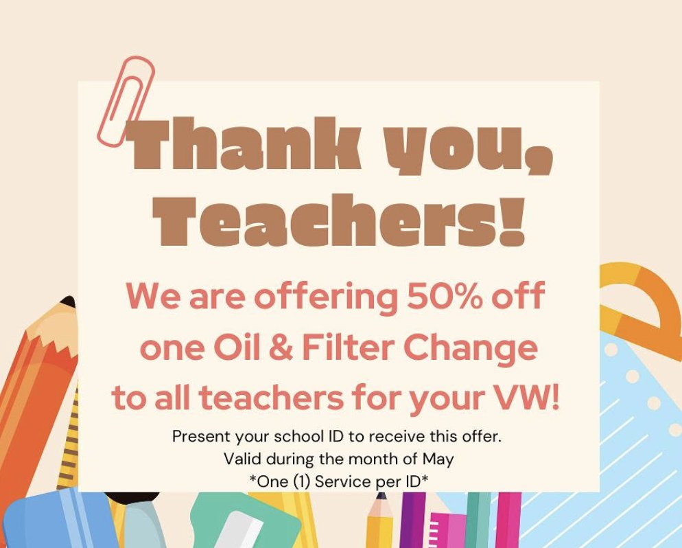CarterVW's tweet photo. 📚 THANK YOU, TEACHERS! 🍎
To show our appreciation, we're offering 50% off oil &amp; filter changes for all teachers during the month of May!

You've taken care of our future, now let us take care of your ride! 🚗💙

Just show your teacher ID at checkout to receive the discount. https://t.co/wI1p1Bhfc5