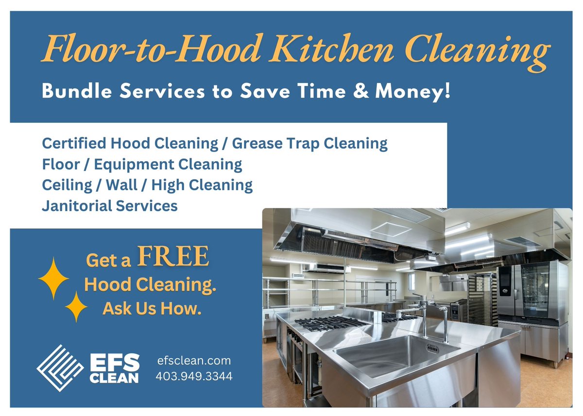 EFSCleanCalgary's tweet photo. ✨ Complete Commercial Kitchen Cleaning✨
F Grease traps services:
✅ Certified kitchen hood cleaning
✅ Grease traps
✅ Floors, ceilings &amp; equipment 

https://t.co/g7JphZHRGE

#CommercialCleaningCalgary #KitchenCleaning #RestaurantCleaning #YYCBusiness #calgaryrestaurants https://t.co/gJ5ULeWzbi