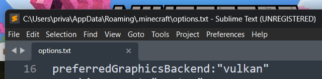 Always_Muddy's tweet photo. if your game crashes on the new snapshot go to your /.minecraft/ folder, find options.txt, find "preferredGraphicsBackend" and change it from "default" to "vulkan" https://t.co/zYXFiUsSg1