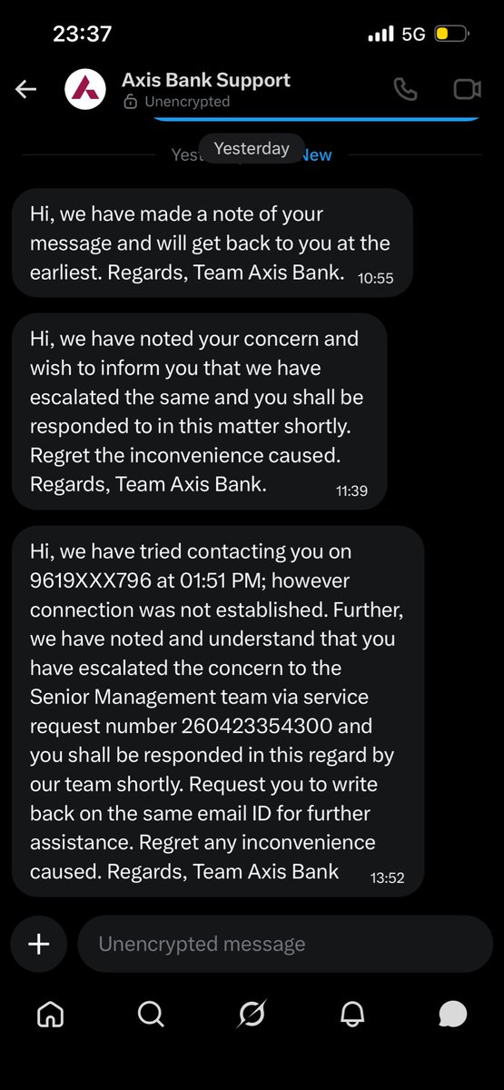BibinChelsea's tweet photo. @AxisBankSupport @AxisBankSupport I answer every call I get, especially the 160 ones because of this dispute, the call you are referring to didn’t happen. I got one call from a 160 number at 13:46,which rang once and disconnected, nothing since.Stop trying to do things for show purposes. @RBIsays https://t.co/6ndeX31SuX