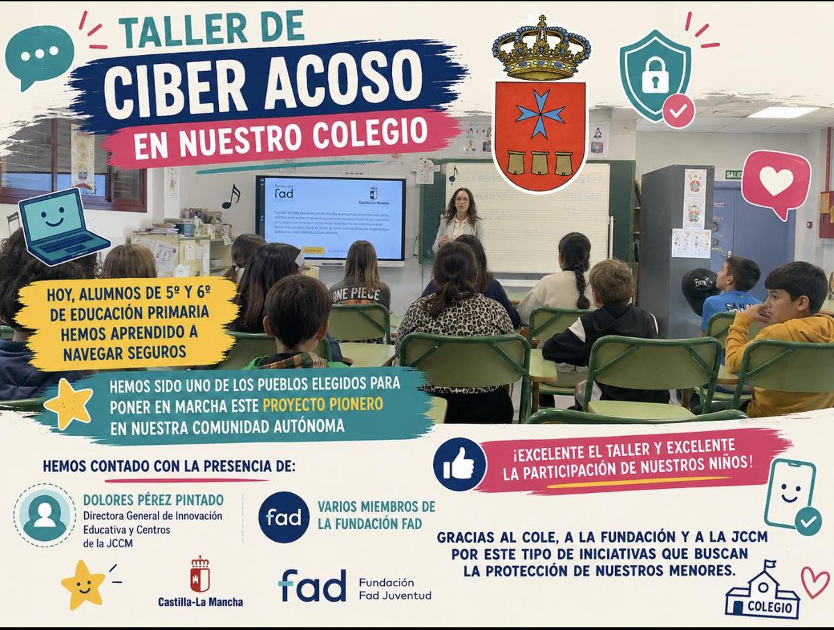 educajccm's tweet photo. La directora general de Innovación Educativa y Centros ha acompañado el taller sobre ciberacoso celebrado en el CEIP Ntra. Sra. de la Redonda de Villamiel de Toledo, organizado por la DG de Infraestructuras de las Telecomunicaciones y Ciberseguridad e impartido por FAD. https://t.co/bX9vqvnbnI