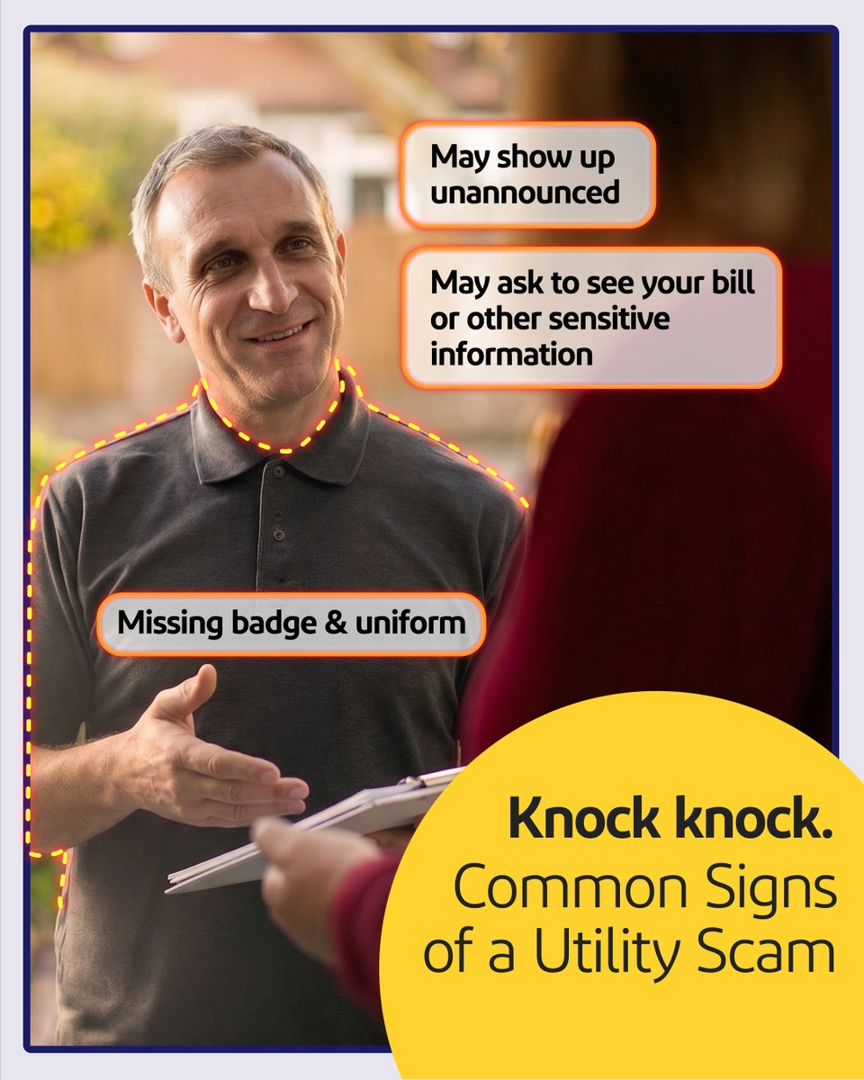 PepcoConnect's tweet photo. Pepco representatives tend not to visit your home outside of planned maintenance or emergencies—and they certainly won't ask to see your bill. Knowing how to spot a scam and verify who's really at your door can help you stay safe.

Learn the signs: https://t.co/LOv0VNauuP https://t.co/kste1DIbuT