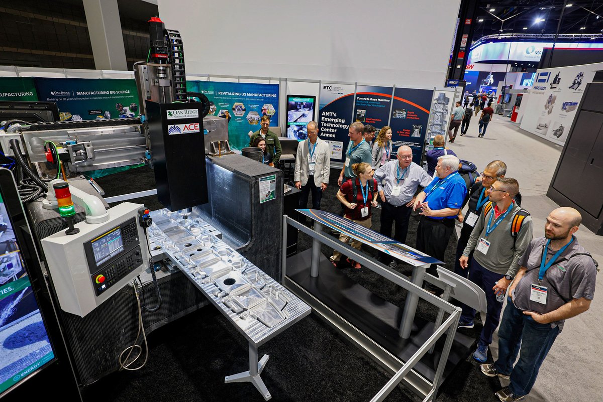 ORNLEnergy's tweet photo. A new approach to CNC machines lowers cost and expands capability without scaling up the machine. Instead of cast-iron, an ORNL team used additive manufacturing to produce a thermoplastic mold, then filled it with rebar-reinforced concrete. https://t.co/0I70xp4Hbo. https://t.co/sMRVtdz9aN