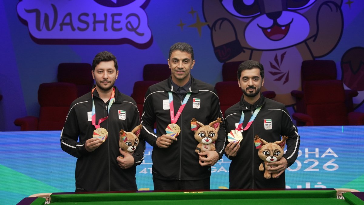 UAENOC's tweet photo. 🎱🇦🇪 منتخب الإمارات للسنوكر يحقق ذهبية الفرق في الدوحة

توج منتخب الإمارات للسنوكر بالميدالية الذهبية 🥇 في منافسات الفرق ضمن دورة الألعاب الخليجية الرابعة – الدوحة 2026، بعد أداء مميز في المنافسات النهائية 🇦🇪✨ https://t.co/nriSXS2DGQ