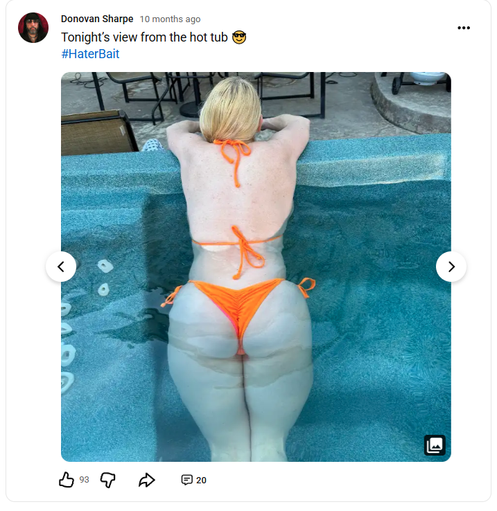 shopkeeper9233's tweet photo. @elenasbarre @GiaMMacool Here's donovan sharpe @TSRDonovan posting his wife in a bikini on youtube.  You have anything to say about that or are you a coward and hypocrite?  And don't tell me it's different because he did it and not her, because then prostitution doesn't count if you have a pimp. https://t.co/gsgHdyWn5s