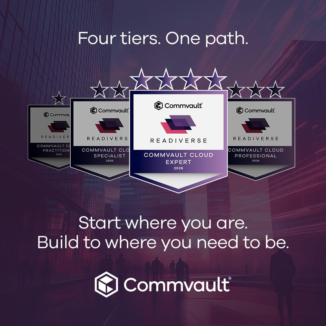 Commvault's tweet photo. Ready to level up your cyber resilience expertise?

Readiverse Academy now offers 4 certification levels, from Practitioner to Expert, built for admins, security specialists, and cloud engineers across SaaS and hybrid environments.

Start here: https://t.co/GCfffc1qd0 https://t.co/acOldAk03V