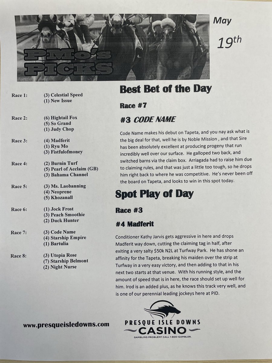 PMoPicks's tweet photo. Get ready everyone for a great second day of racing here @PID_Casino !  @TwinSpires @BlaiseLBC @PHRAEnEspanol @PA_PHBA @PA_HBPA https://t.co/IpyuEFjKQN
