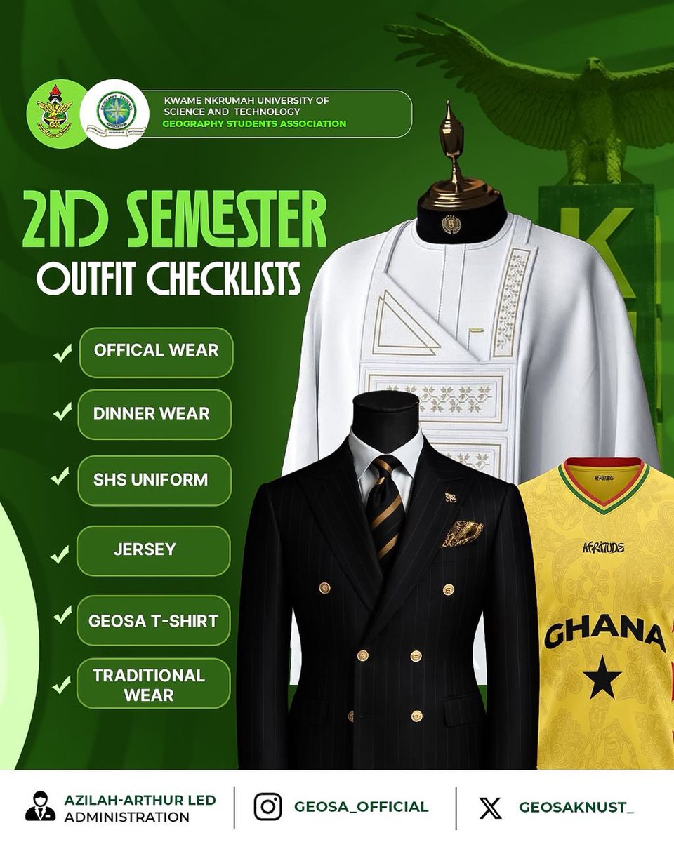 Geosa_official's tweet photo. 🟢⚪️ GEOSA WEEK CELEBRATION🟢⚪️
=======================
The Department’s leadership wishes to inform all students to begin making preparations for the departmental outfits required for the Departmental week celebrations in the coming semester. https://t.co/lAf0XwwXEv