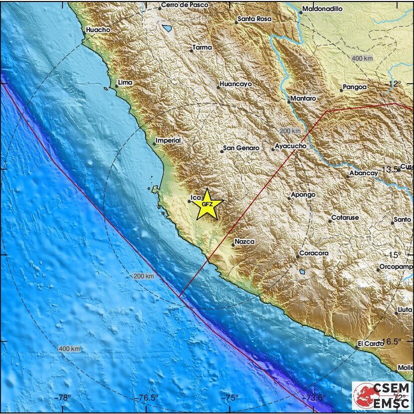 GEO_Twiter's tweet photo. 🇵🇪Ocurrió un #Sismo Mw 5.9 máx Int-IV-V*, profundidad del origen 63 km, Epicentro 25 km ESE de Pampa de Tate, #Ica
Sismo percibido leve en Lima norte.
via USGS &amp; EMSC: https://t.co/NRDyes056B https://t.co/xmyVBIC6qV