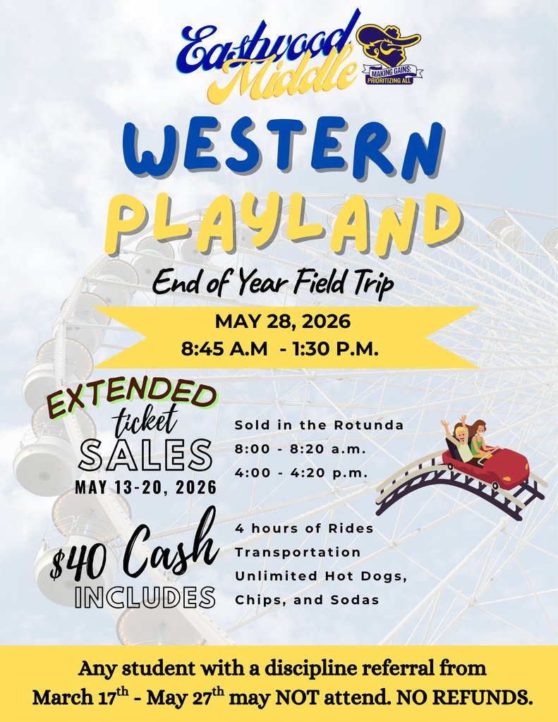 EMS_Raiders's tweet photo. π£οΈ Ticket sales for our Western Playland π’ field trip have been extended! Join us for unlimited rides and lunch! π Tickets will be $40 in cash and sold in the rotunda. We hope to see everyone there! ππ #ChooseEastwood #MakingGains https://t.co/s6xWkRDMrm
