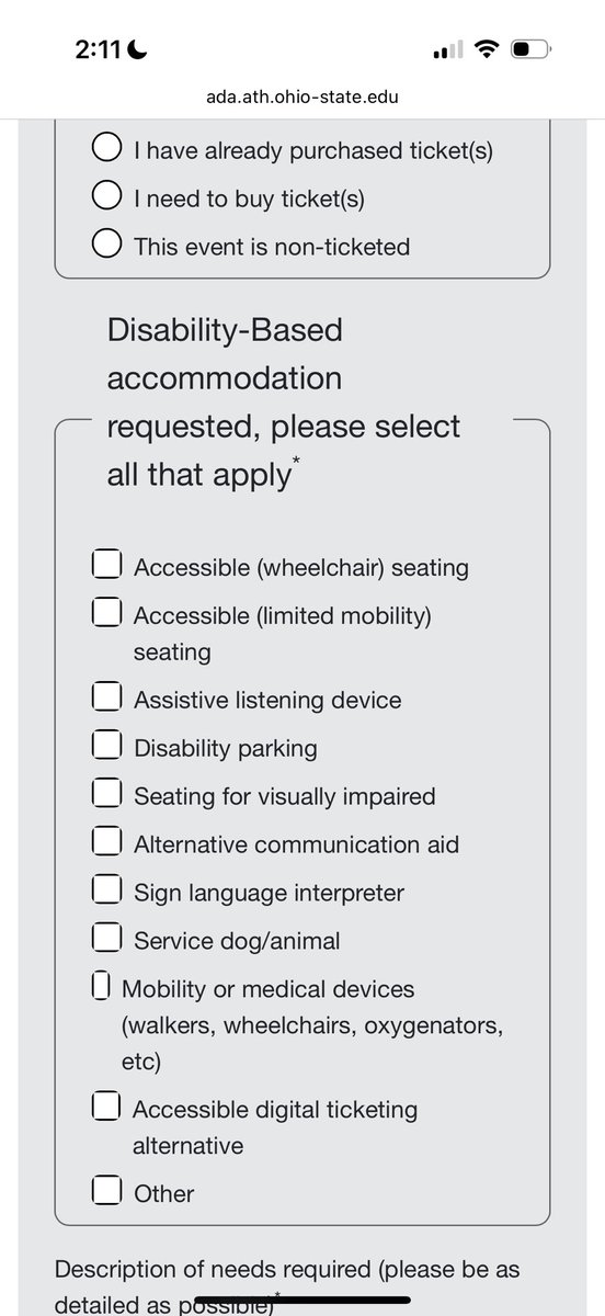 _bIurryface's tweet photo. DISABLED CLIQUE TRYING TO GO TO THE OHIO STADIUM SHOW:

If you were not able to purchase ADA tickets, you can fill out this form to request that you have “regular” seats exchanged for ADA accessible seats in a comparable area. They have some ADA seating reserved for this. https://t.co/kZlEIHVNhr