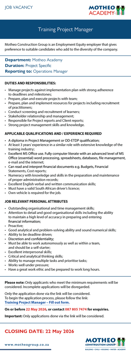 MotheoGroup's tweet photo. MOTHEO ACADEMY -  VACANCY: TRAINING PROJECT MANAGER 
Motheo Academy is looking for a Training Project Manager
Please submit applications at the link: https://t.co/uXrYLBzZJj
#trulyempowered 
#motheo
#beyondhousing https://t.co/aoNDhuYKYS