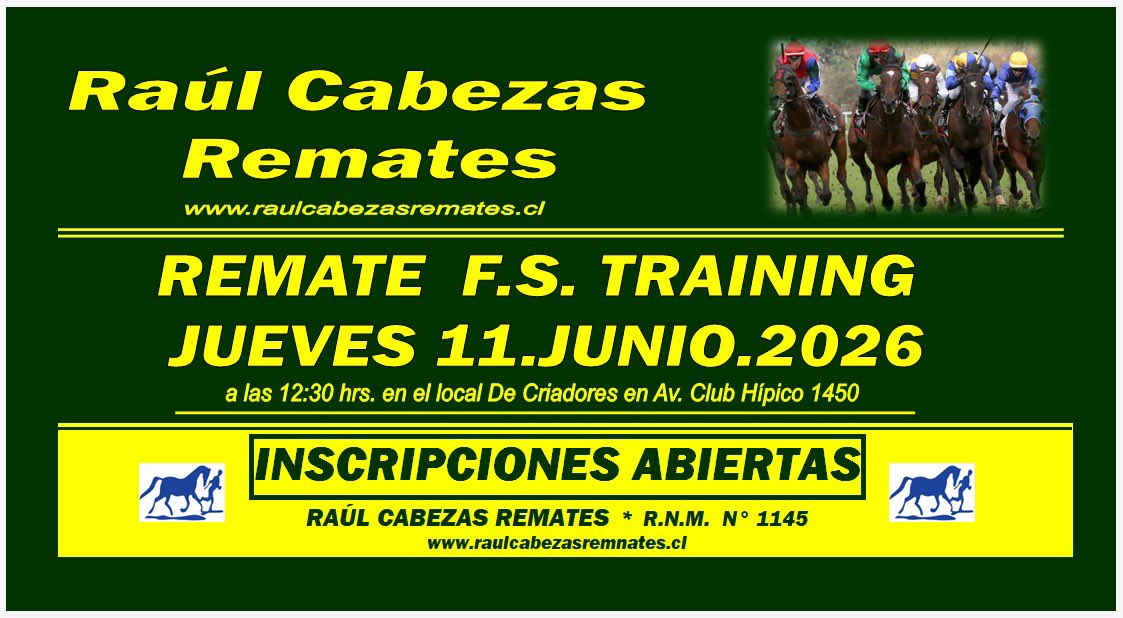 RCRemates's tweet photo. Remate en Training: Jueves 11 de junio a las 12:30 en el Local de Criadores (Club Hípico 1450, Santiago). #RCRemates

INSCRIPCIONES ABIERTAS 🔴 SIN MÍNIMOS - AL MEJOR POSTOR. https://t.co/zw4Chd5TH8 https://t.co/W3ftVWbP4s