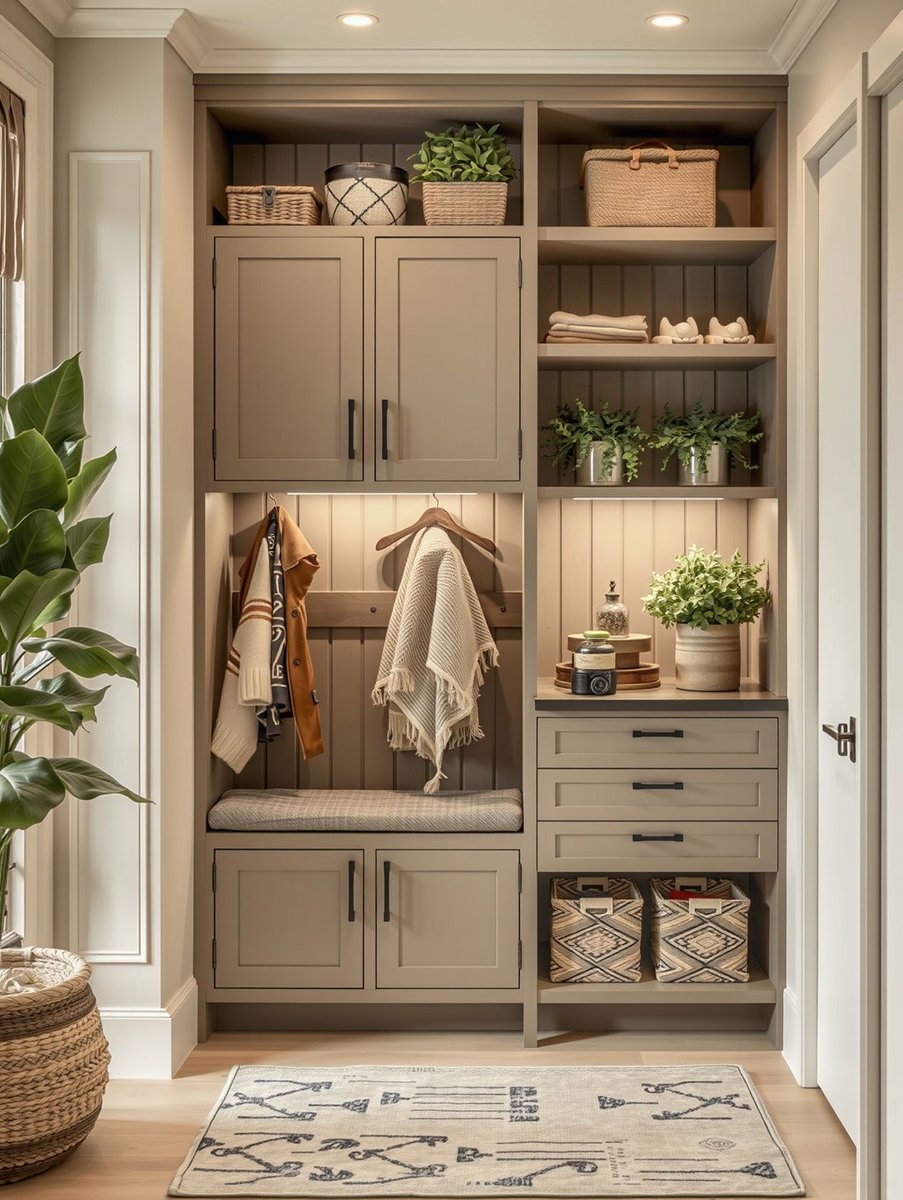 TheLemeDecor's tweet photo. Custom drop-zone with taupe built-ins, shaker cabinetry, matte-black hardware, woven basket storage, and LED lighting, blending luxury style with everyday functionality.

#InteriorDesign #HomeDecor #BuiltInStorage #MudroomDesign #LuxuryInteriors #ShakerCabinetry #ModernHome https://t.co/ZFe5l4yzsg