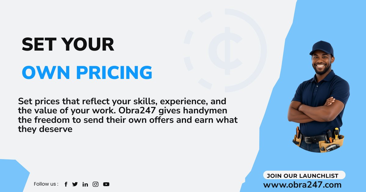 obra247app's tweet photo. Your skills shouldn’t have fixed limits. 

Review tasks, send your own offers, and set prices that match the task and  experience. Customers get competitive offers while handymen earn what they deserve. 

Join the launch list 👉 https://t.co/tbMjysD38a https://t.co/IfDnKZj9Bh