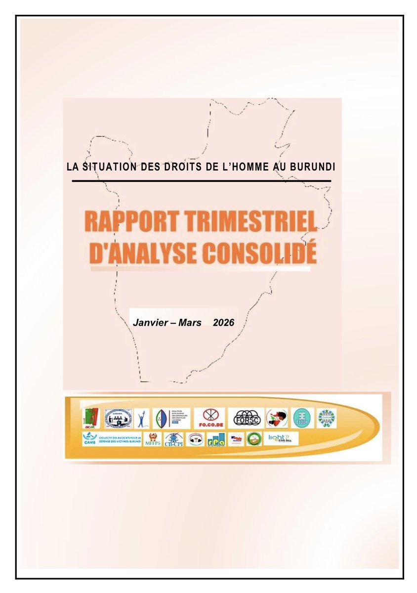 Burundi_mffps's tweet photo. Ce rapport, réalisé par 15 organisations de la société civile burundaise, dresse un état des lieux préoccupant de la situation des droits humains au #Burundi durant le premier trimestre 2026. Il documente plusieurs violations, notamment des atteintes au droit à la vie, des actes de torture, des arrestations arbitraires, des disparitions forcées, des violences basées sur le genre, ainsi que des restrictions persistantes des libertés publiques et une détérioration des conditions de détention.

Le document recense notamment :
· 111 personnes tuées, dont 60 corps retrouvés ;
· 14 cas d’enlèvements ou de disparitions ;
· 9 arrestations arbitraires ;
· 40 victimes de violences basées sur le genre.

Le rapport souligne également l’aggravation des conditions carcérales, avec des taux de surpopulation dépassant parfois 1000 %, ainsi qu’un rétrécissement continu de l’espace civique marqué par des intimidations, des restrictions contre les médias et des obstacles au travail des journalistes et des défenseurs des droits humains.

À travers cette publication, les organisations signataires exhortent les autorités burundaises à respecter les droits fondamentaux, à lutter contre l’impunité et à renforcer leur coopération avec les mécanismes régionaux et internationaux de protection des droits humains.
https://t.co/FW708ktuwL
#DroitsHumains 
#Justice