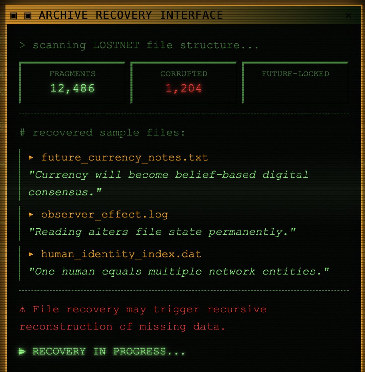 Memetoshiii's tweet photo. Entities in the $LOSTNET are not users.

They are persistence patterns within the system.

Some entities appear to observe the system while simultaneously being observed.

https://t.co/lSaluxsp9b

V9XH7A8BGimBZymxLQGxCmmaRbxTYhR2YABnTdHpump https://t.co/3vTFYqUgXc