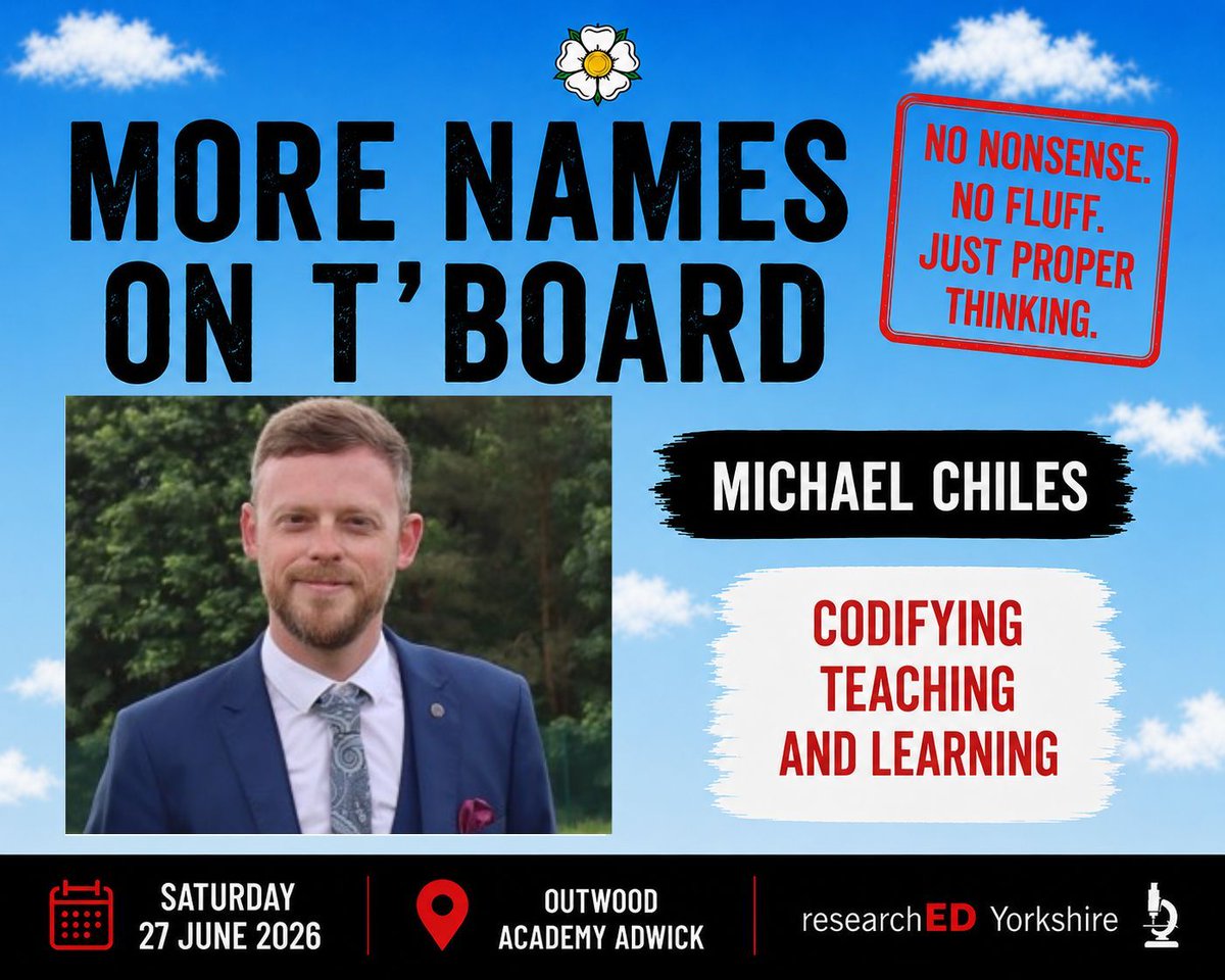 rEDYshire's tweet photo. Teaching and learning…

Teachin’ an’ larnin’…Folk talk a lot, but schools work a treat when everyone’s reyt clear on what’s what.

Michael Chiles will be unpackin' it all at #rEDYshire 

🎟 Tickets ’ere: https://t.co/sXtXpq096N https://t.co/ZhfYjhn4nr