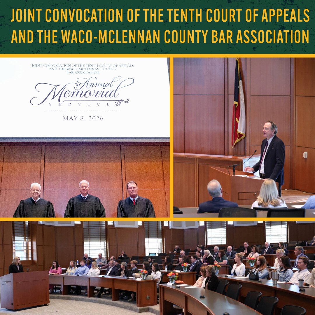 BaylorLawSchool's tweet photo. Baylor Law School was honored to host the Joint Convocation of the Tenth Court of Appeals and the Waco-McLennan County Bar Association for the 2026 Bar Memorial in the Jim Kronzer Appellate Advocacy Courtroom. https://t.co/rRSBG467j4