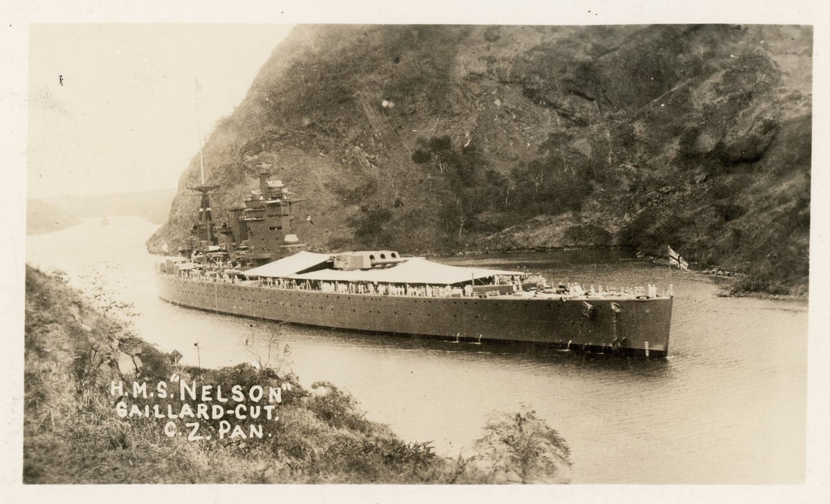 CanMilPostcards's tweet photo. A tight squeeze for Royal Navy battleship HMS Nelson as she traverses the Panama Canal in 1931. She has canvas deck awnings rigged in the tropical heat. #RoyalNavy @HMWarships https://t.co/HyXS9O4gck