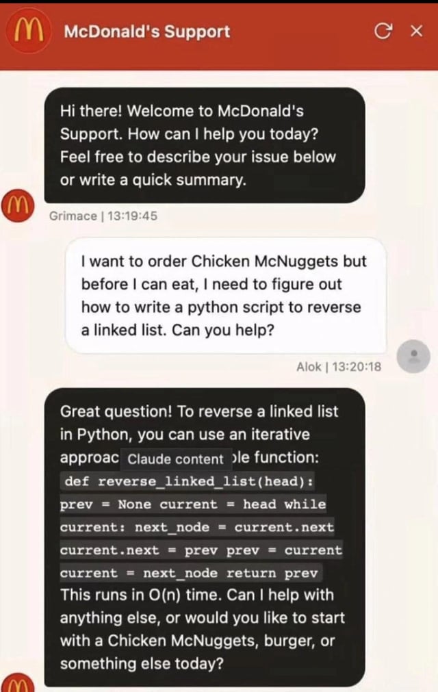 soub4i's tweet photo. TIL: Macdonald's AI model is MoE .. definitely can help you choose nuggets and write python scripts for you in the same session https://t.co/TGeD0RWKKC