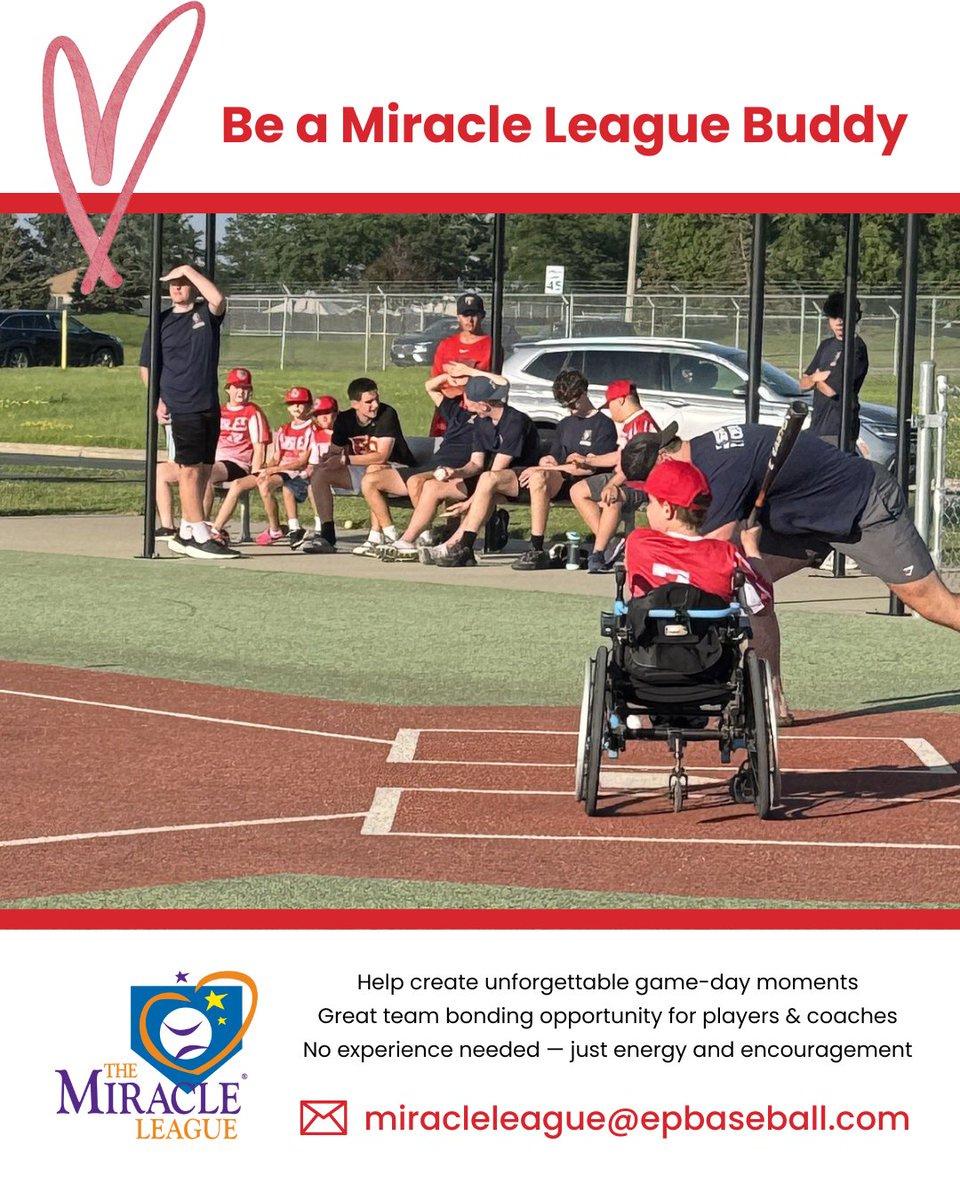 BaseballEP's tweet photo. ❤️⚾ Volunteers needed for Miracle League this summer!

Great opportunity for teams, players, and coaches to volunteer together!

📍 EP Miracle Field at Flying Cloud Fields
📅 Mondays | June 9 – August 4
🕕 6:00–7:30 PM
Learn more &amp; sign up: https://t.co/X36Bzc457N https://t.co/lMbo3PhgOh