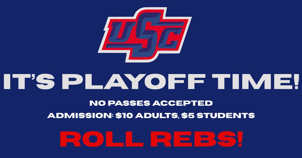 rebelsusc's tweet photo. Rebel Country, 

It's playoff time for our spring sports! Quick reminder that no passes are accepted at postseason events, and admission is $10 for Adults, and $5 for students. 

Hope to see you there! 

#RollRebs https://t.co/TVvW1UcHKo