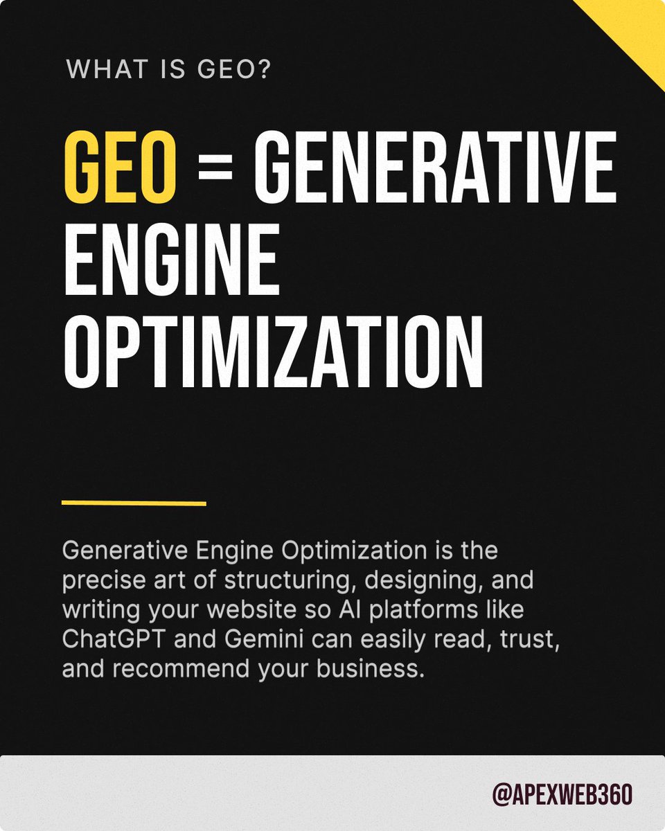 ApexWeb360's tweet photo. We are in the era of conversational search. Consumers ask ChatGPT/Gemini for direct recommendations.

Meet GEO (Generative Engine Optimization)

If AI can’t read your site, you don’t exist. 
DM "AUDIT"
.
.
.
#ApexWeb360 #GEOWebDesign #AISEO #HoustonBusiness #WebDesignHouston https://t.co/EAgDZUGM6M