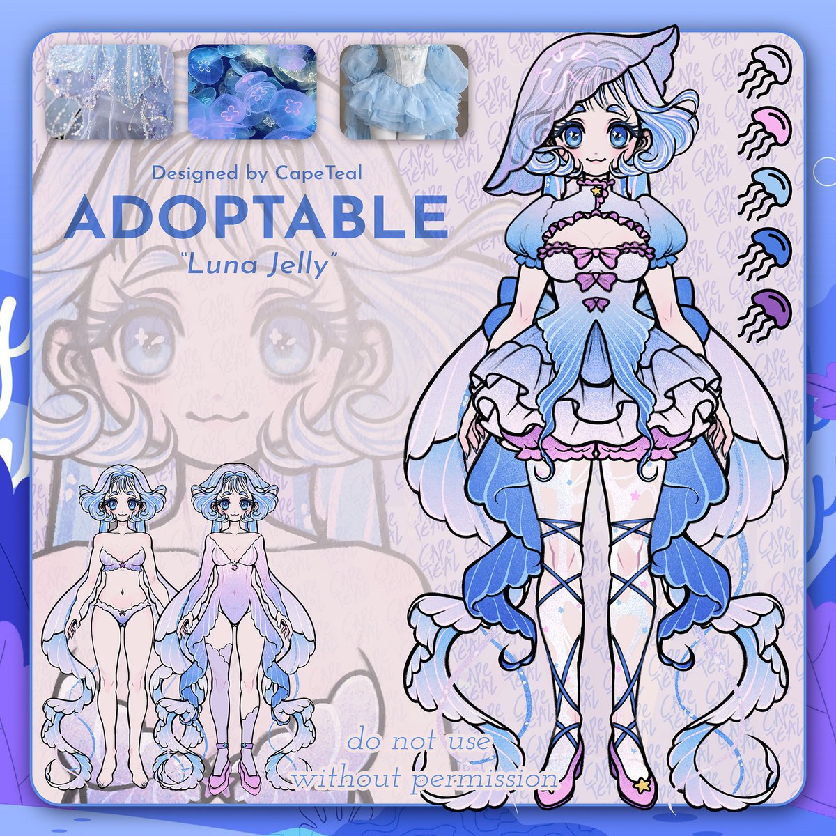 CapeTealMedia's tweet photo. 🌙🪼 VTuber Adoptable Available 🪼🌙
https://t.co/3ag83GtD7y

“Luna Jelly” is now looking for a home ♡
A soft moon jellyfish inspired VTuber design.

Happy Mermay!

#VTuber #VTuberAdopt #Adoptable #VTuberDesign #PNGtuber #Live2D #Vgen #CharacterDesign  #OC #MoonJellyfish #Ocean https://t.co/cnylTloLb6
