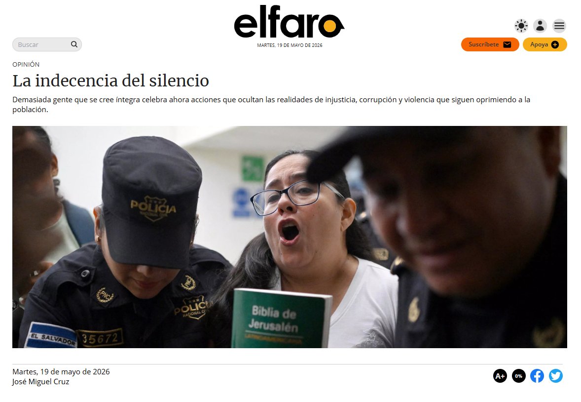 Cristosal's tweet photo. 💬 #Opinión | "Demasiada gente que se cree íntegra celebra ahora acciones que ocultan las realidades de injusticia, corrupción y violencia que siguen oprimiendo a la población. Esa es una indecencia. Es la misma indecencia que denunció Ruth cuando fue capturada. Es la indecencia de la prudencia, que trafica las injusticias a través del silencio."

José Miguel Cruz, miembro de la junta directiva de Cristosal, retoma las reflexiones de Martin Luther King Jr. para hablar de lo que está ocurriendo con nuestra compañera Ruth López.

Lee su columna de opinión en @_elfaro_. ⬇️

https://t.co/wGBiqiEpwg