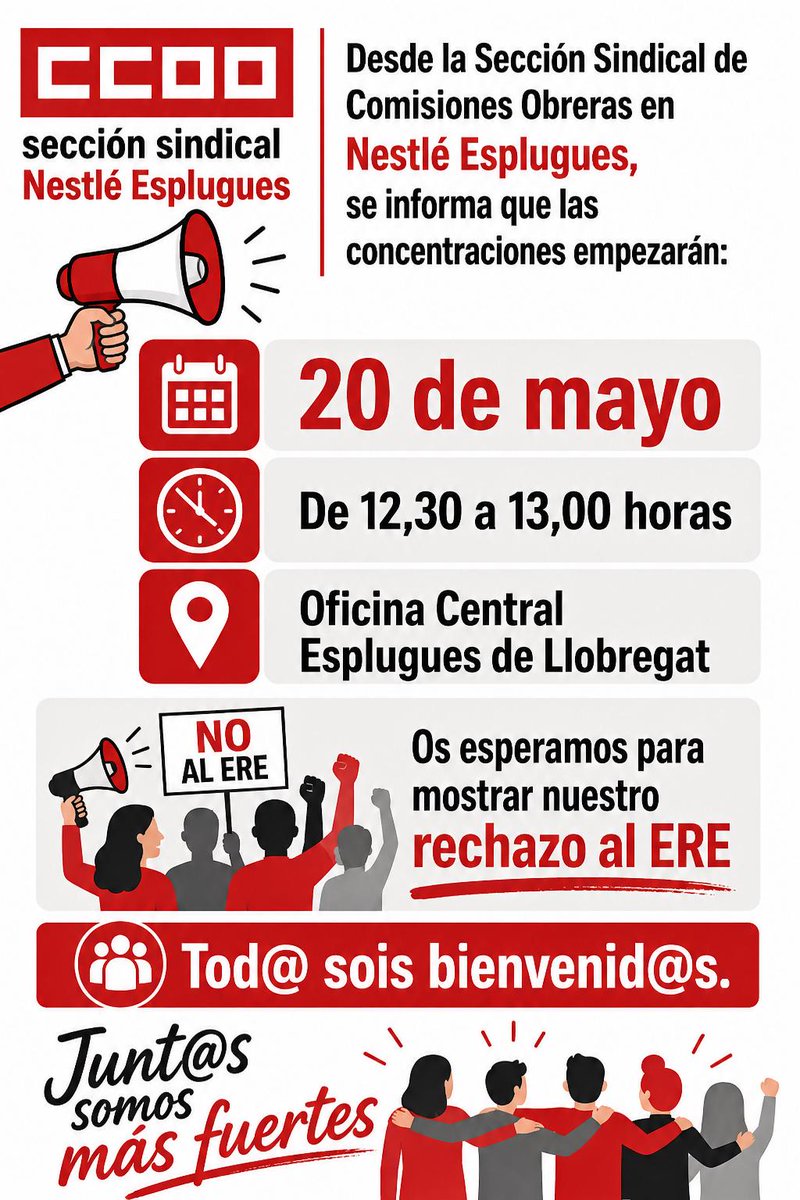 CCOONestleGI's tweet photo. No al ERO de Nestlé! 🔥
158 persones seran acomiadades a les oficines centrals de Nestlé a Esplugues.

Canvien administratives 👷🏾‍♀️👷 per algoritmes 🤖.

Concentració de rebuig a:
📍Nestlé Esplugues:
📅20 de maig
🕚12:30 https://t.co/0FqJYJ8Tzu