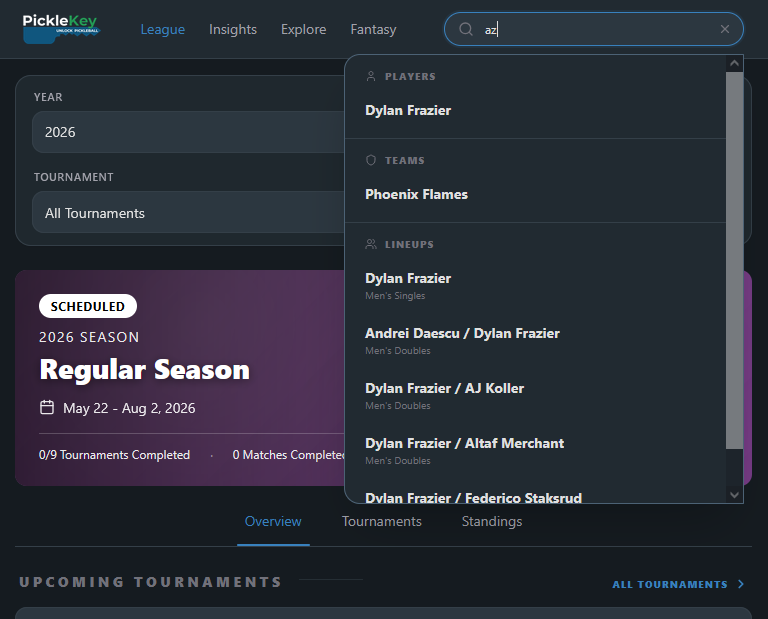 PickleKeyStats's tweet photo. Highlighting a small but mighty feature today: the search bar!🔍

Quickly find any @MajorLeaguePB team, player, or lineup (past/present)
Want to know if two players have taken the court together? Check in seconds!

Season starts in <3 days!
🏆Join the fun: https://t.co/WLNFv1cDSh https://t.co/9PNNYfDfNd