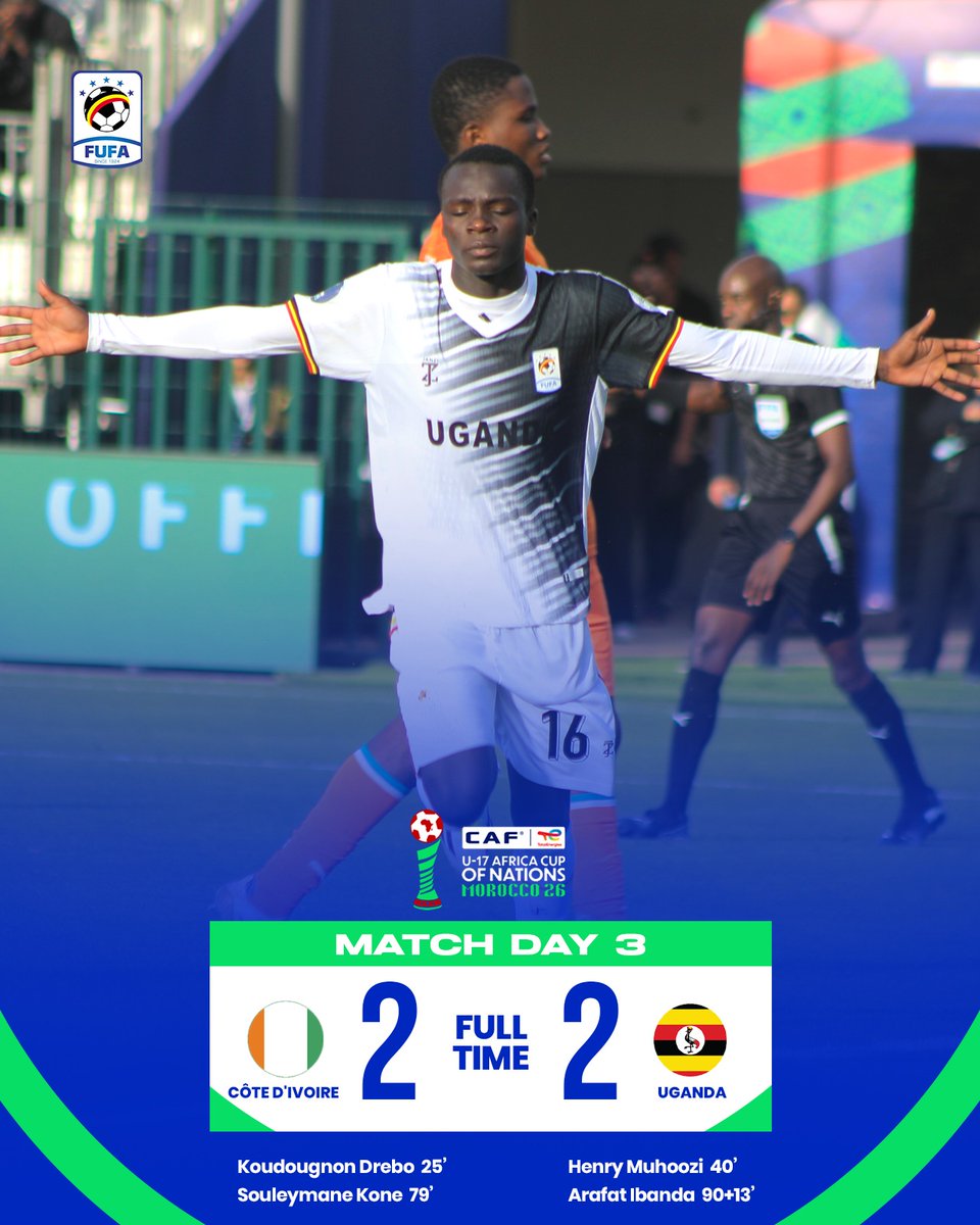 OfficialFUFA's tweet photo. A valuable point secured by the Uganda Cubs after a thrilling 2-2 draw against Côte d’Ivoire in the #TotalEnergiesAFCONU17.

The Cubs will extend their participation in the tournament with a FIFA Under-17 World Cup play-off match, with their opponent yet to be confirmed as group matches are still on.

#CIVUGA