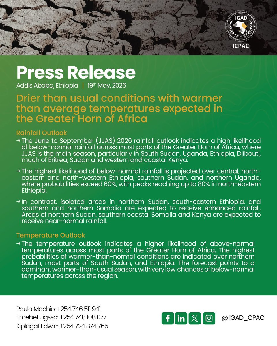 LugandaDavid's tweet photo. 📰 #GHACOF73  PRESS RELEASE

According to @IGAD_CPAC , the June to September (JJAS) 2026 rainfall outlook indicates a high likelihood of below-normal rainfall across most parts of the Greater Horn of Africa. https://t.co/MO7P0l6sO0