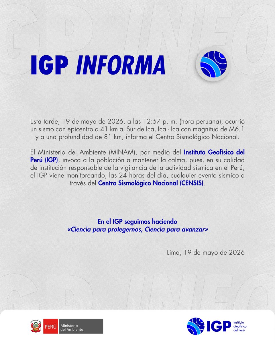 igp_peru's tweet photo. Respecto al último sismo de M6.1, el #IGPInforma lo siguiente: https://t.co/BuVfMToEmc