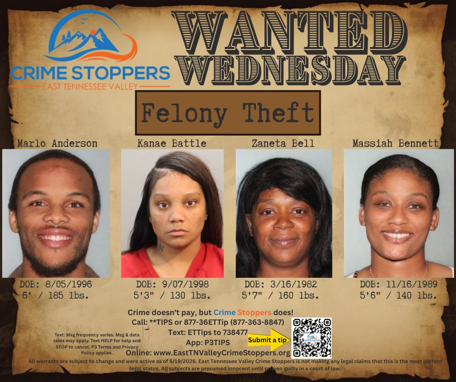 tn_crime's tweet photo. 🚨 WANTED WEDNESDAY 🚨
4 suspects #wanted for stealing a combined $19,567.77
Know where they are? Stay anonymous &amp; tip East Tennessee Valley Crime Stoppers
💵 Up to $2,000 reward for tips leading to arrest
#WantedWednesday #CrimeStoppers #lonsdale @Knoxville_PD https://t.co/Ksmx6qx1fX
