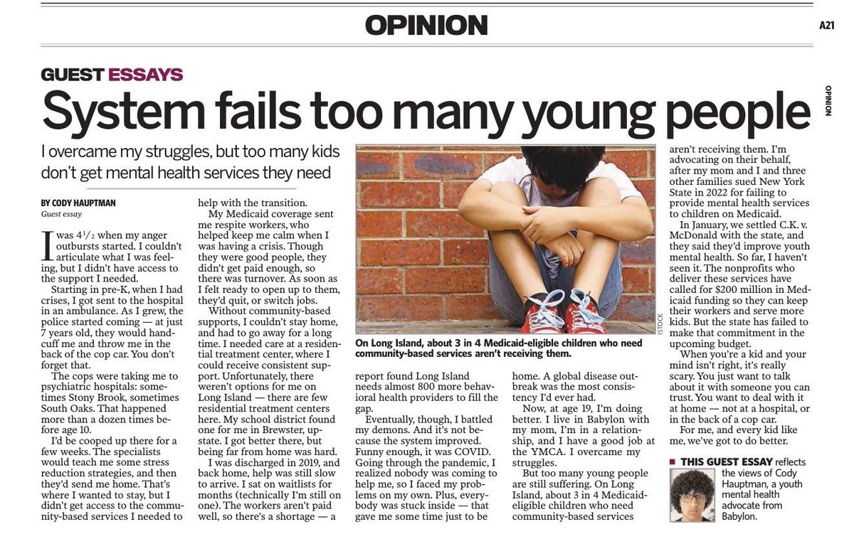 YOUTHPOWERNY's tweet photo. Powerful advocacy from youth mental health advocate Cody Hauptman featured in Newsday’s guest essay, “System fails too many young people.”

Read more: https://t.co/JYYw4vShbm https://t.co/as1InDGRo2