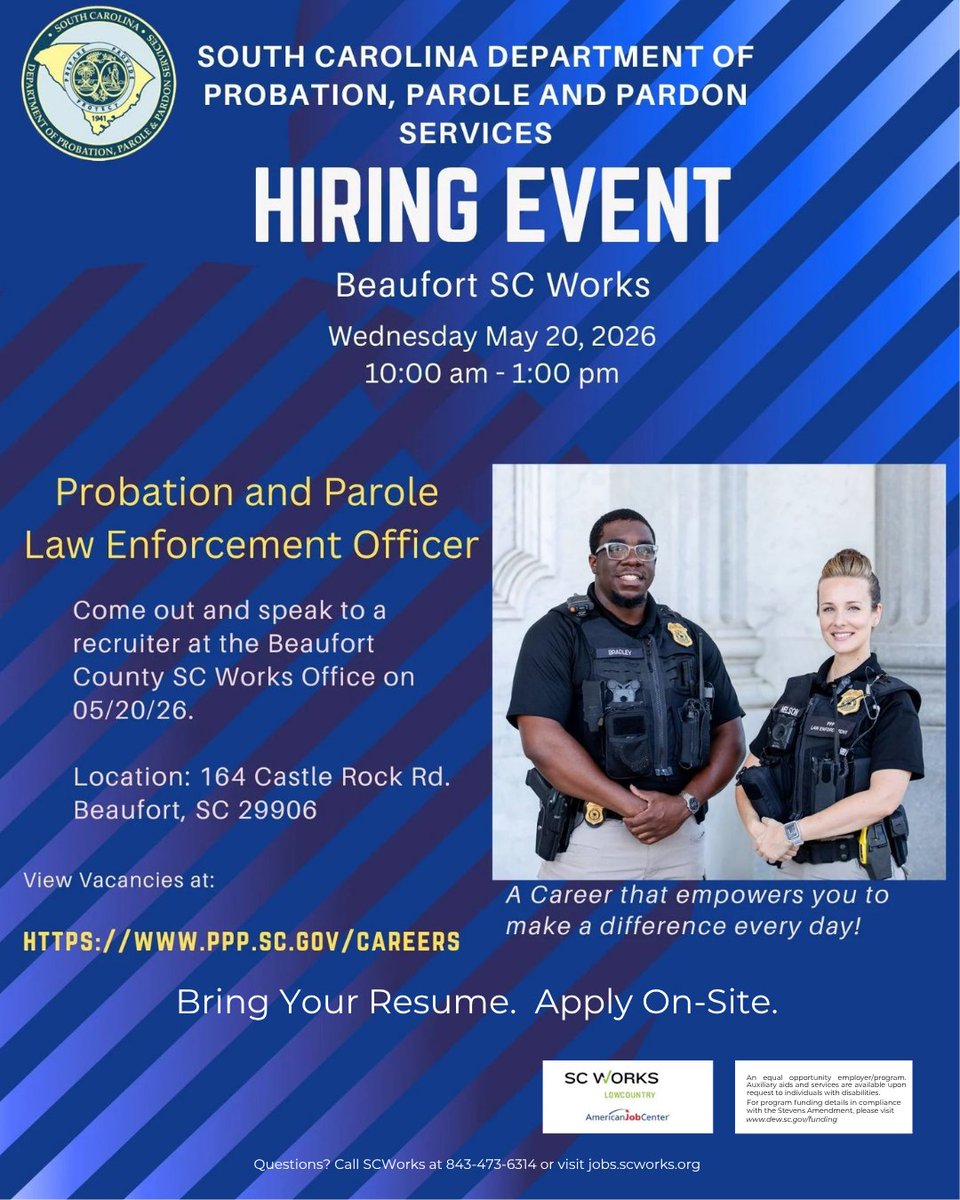 SCDPPPSNews's tweet photo. In the Beaufort area?  Join us Wednesday for this informative get-together!  Bring your resume. https://t.co/UEmkt7LBhr