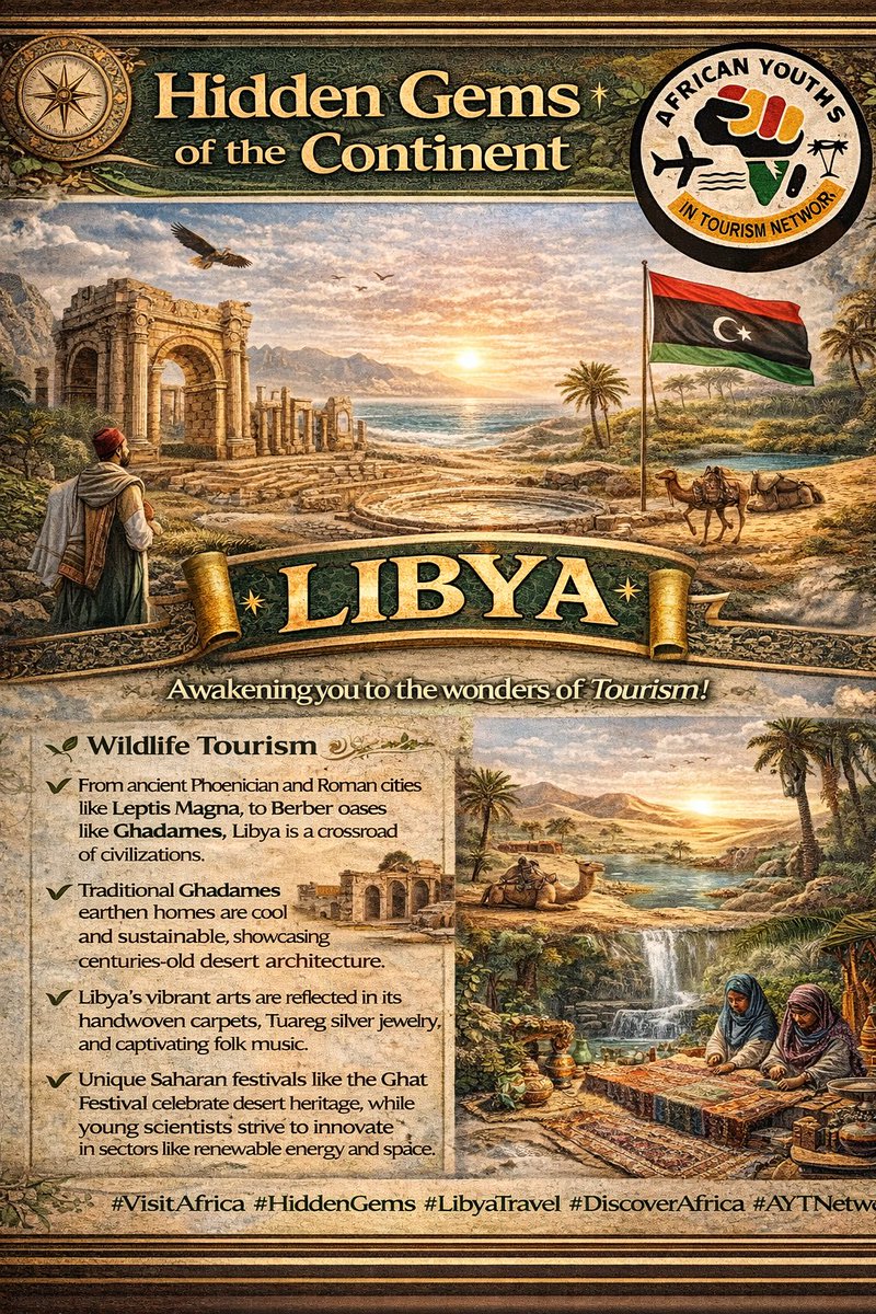 AYTNETWORK's tweet photo. 🌍✨Libya 🇱🇾  
Beyond the headlines lies a land of ancient civilizations, breathtaking desert landscapes, Mediterranean beauty, and timeless cultural heritage.  
From the legendary ruins of Leptis Magna to the vast wonders of the Sahara Desert,
#VisitAfrica #Libya #AfricanTourism https://t.co/Q7A6auwP8y