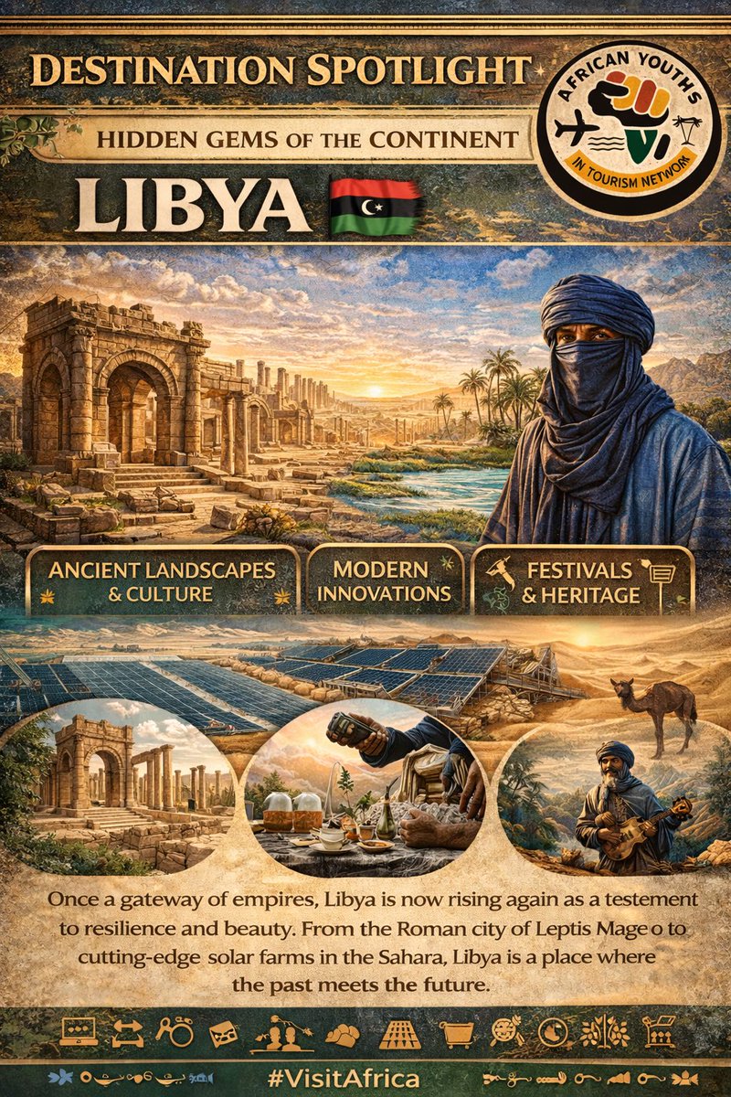 AYTNETWORK's tweet photo. 🌍✨Libya 🇱🇾  
Beyond the headlines lies a land of ancient civilizations, breathtaking desert landscapes, Mediterranean beauty, and timeless cultural heritage.  
From the legendary ruins of Leptis Magna to the vast wonders of the Sahara Desert,
#VisitAfrica #Libya #AfricanTourism https://t.co/Q7A6auwP8y