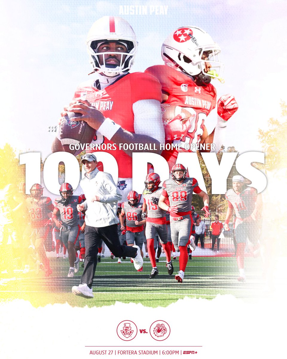 GovsFB's tweet photo. 💯 𝗗𝗔𝗬𝗦 𝗨𝗡𝗧𝗜𝗟 𝗞𝗜𝗖𝗞𝗢𝗙𝗙! 🎩🏈

100 days until we kick off the 2026 season with Thursday Night Football in The Fort! Get your season tickets today at the link below! 

🎟️ --> https://t.co/tmxR9iMOjt

#WeWILL | #LetsGoPeay https://t.co/Yfm4gYaKuz