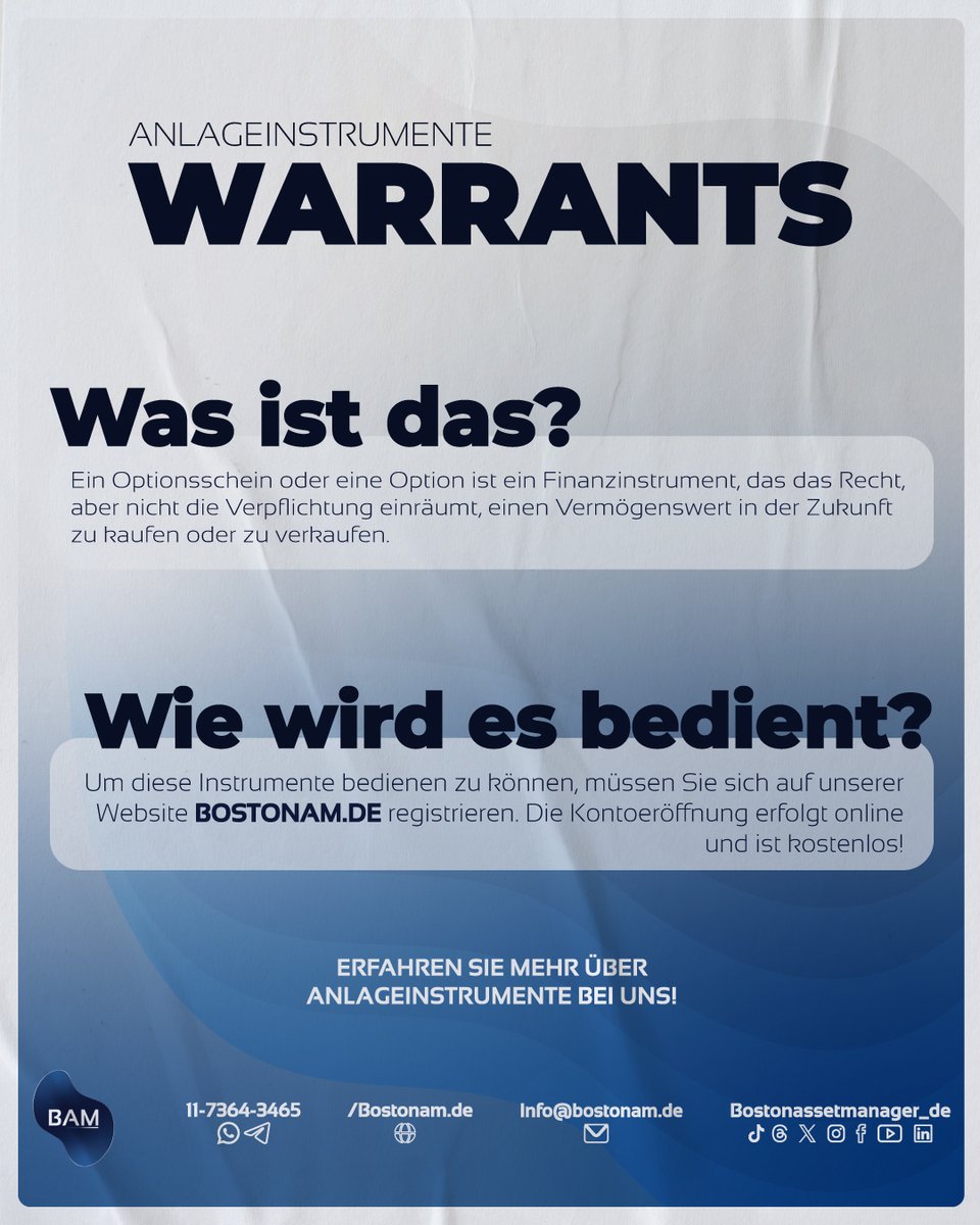 Assetboston_de's tweet photo. Was ist ein Optionsschein? 
Ein Optionsschein ist ein Instrument, das die Option bietet, einen bestimmten Vermögenswert in der Zukunft zu kaufen oder zu verkaufen. 

Erfahren Sie mehr auf unserer Website https://t.co/lwbVd8JERv 

#deutchland #Geld #Ersparnisse #Finanzen #Inflation #Kapital #Aktienmarkt #Investitionen #FCI #aktien